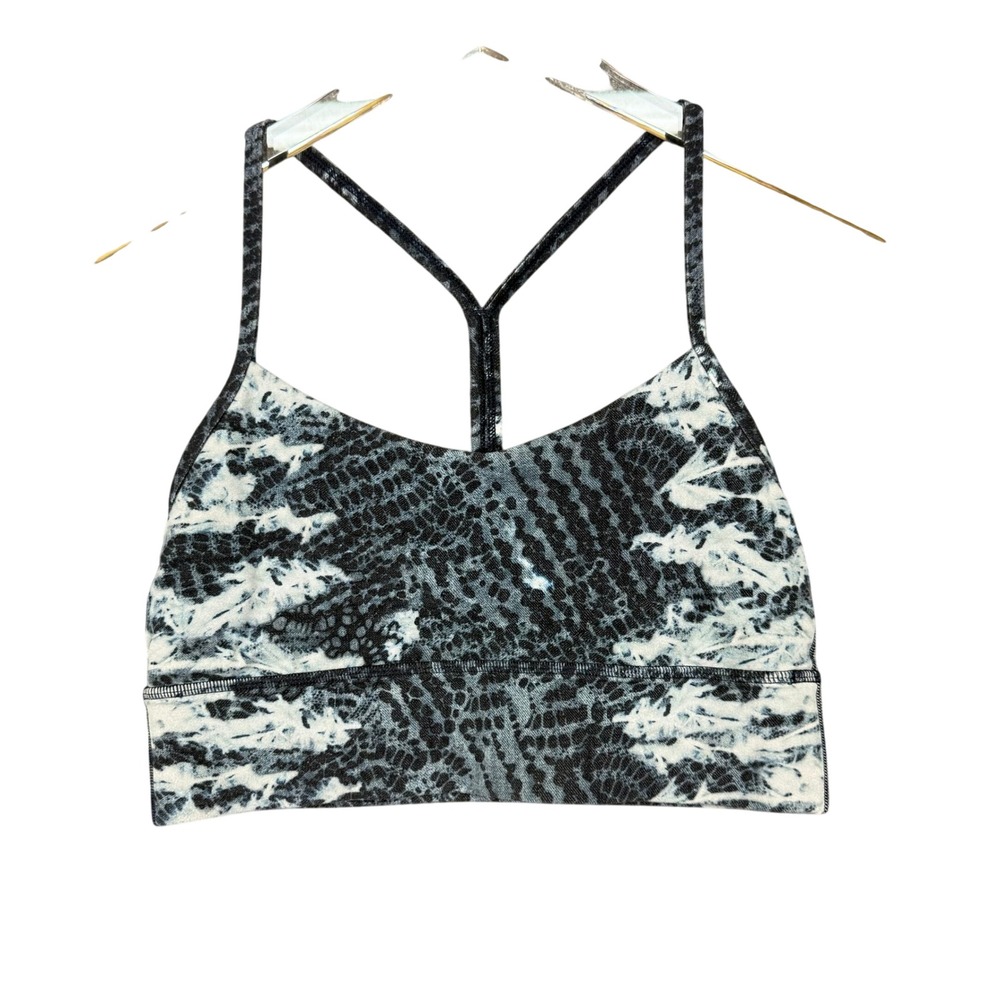 Lululemon Flow Y Bra Women 8 Gray White Abstract Snakeskin Camo Nulu Yoga Bra